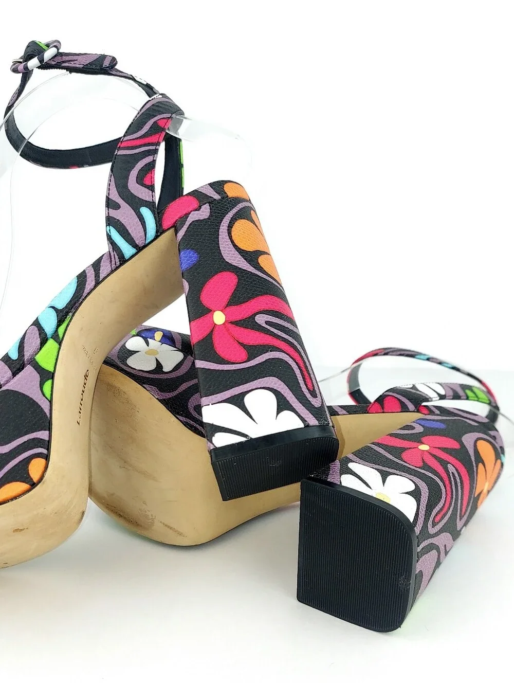 Larroude Dolly Flower Power Black Ankle Strap Sandal 7